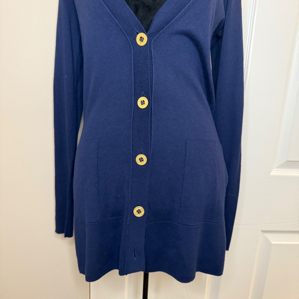 Women's Lilly Pulitzer Navy Cardigan Buttoned V Neck Long Sleeve Cotton SZ M - Picture 3 of 7